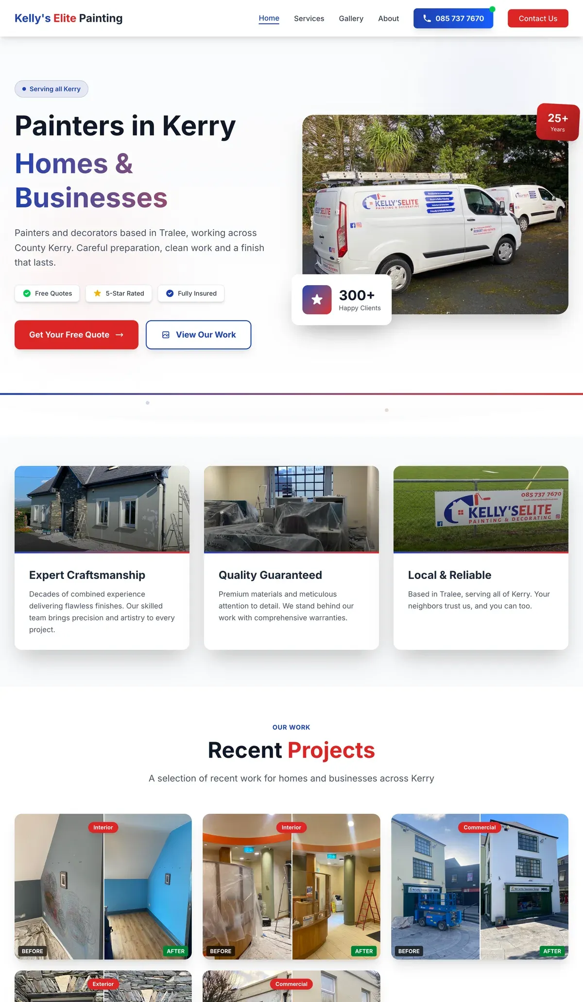 Homepage of the Kelly’s Elite Painting website, headed “Painters in Kerry, Homes & Businesses”, with a photo of the company vans
