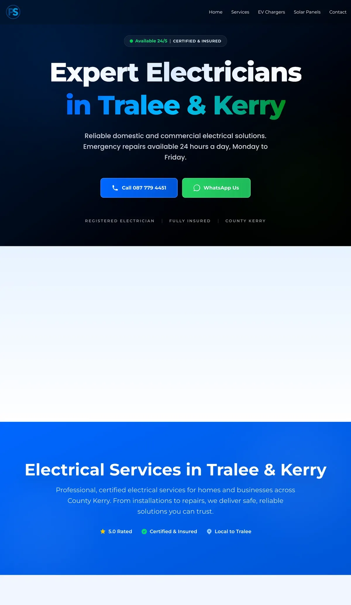 Homepage of the PS Electrical Services website, headed “Expert Electricians in Tralee & Kerry”, with call and WhatsApp buttons
