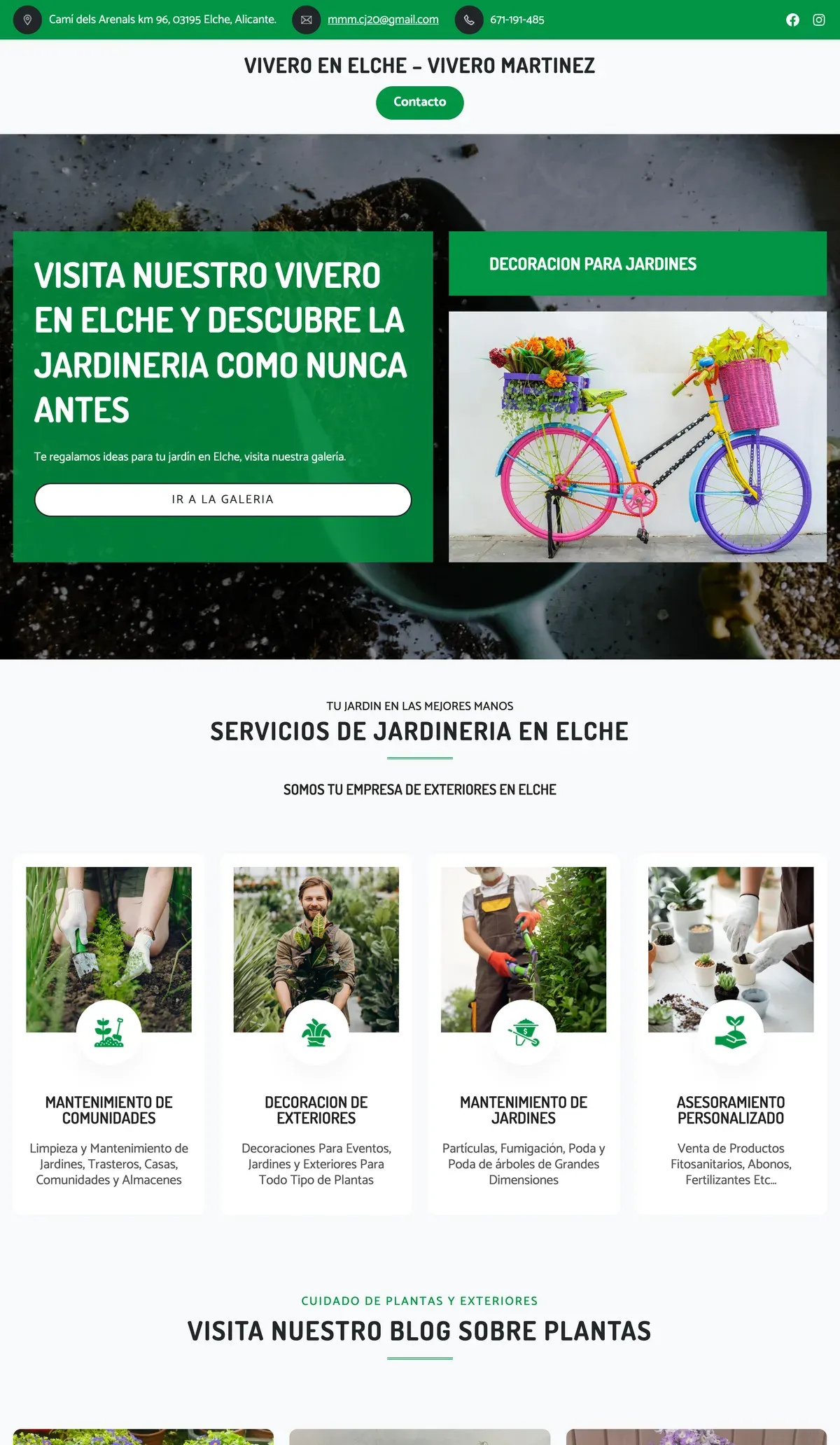 Homepage of the Vivero Martínez website, with a green banner inviting visitors to the plant nursery in Elche